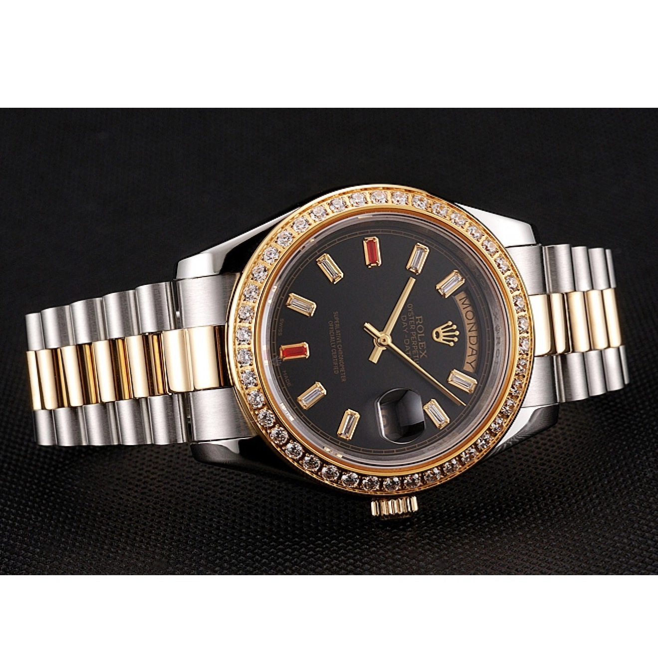 Aaa replica watch Rubies Tone Rolex Two Black Swiss And Dial Diamonds Day-Date Bracelet 1454105 0716